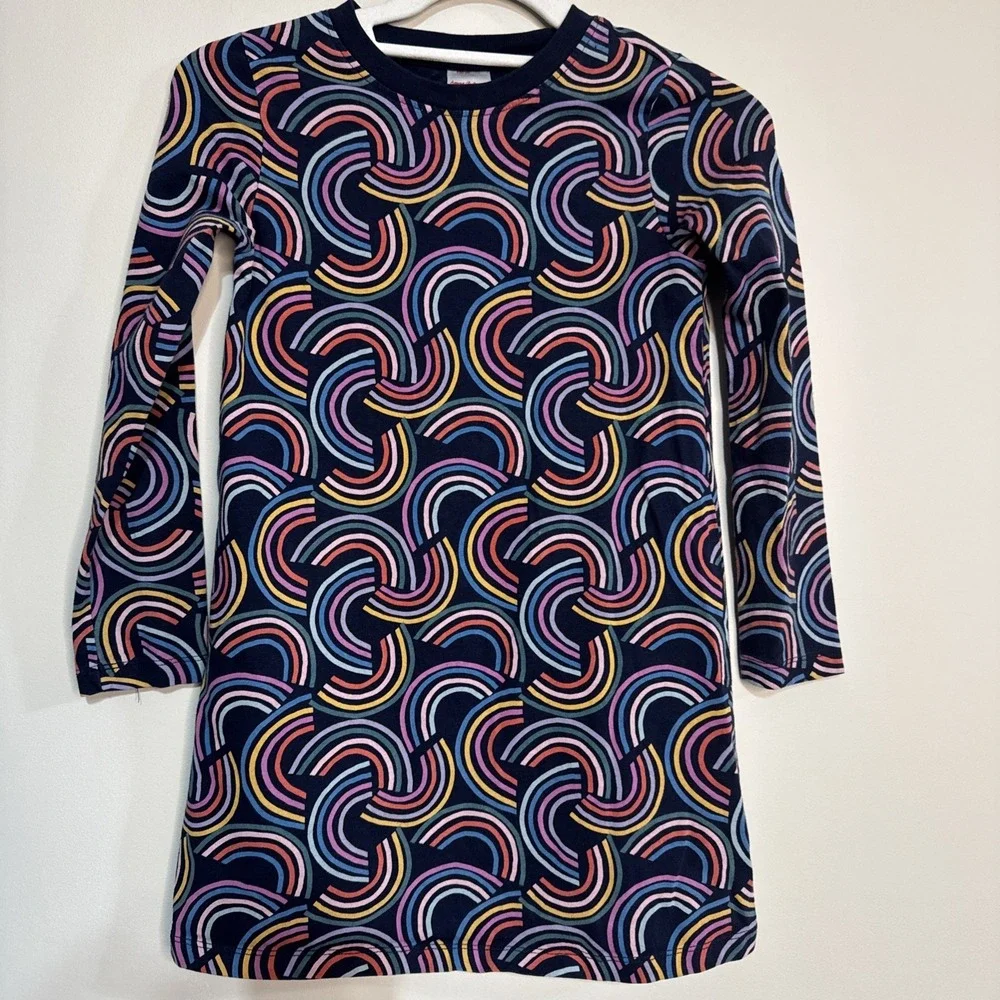 Hanna Andersson Navy Blue Geo Rainbow Long Sleeve T-shirt‎ Dress Sz 130 Sz 8